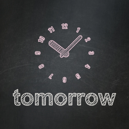Time concept: Clock icon and text Tomorrow on Black chalkboard background, 3d render