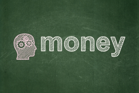 Finance concept: Head With Gears icon and text Money on Green chalkboard background, 3d renderの写真素材