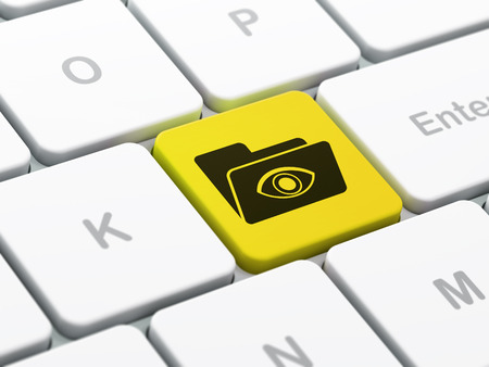 Business concept: computer keyboard with Folder With Eye icon on enter button background, selected focus, 3d renderの写真素材