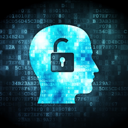 Business concept: pixelated Head With Padlock icon on digital background, 3d renderの写真素材