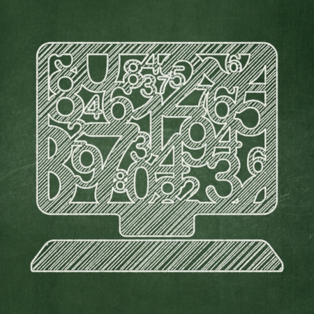 Education concept: Computer Pc icon on Green chalkboard background, 3d renderの写真素材