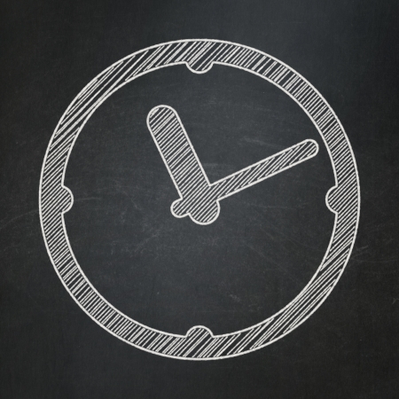 Timeline concept: Clock icon on Black chalkboard background, 3d renderの写真素材