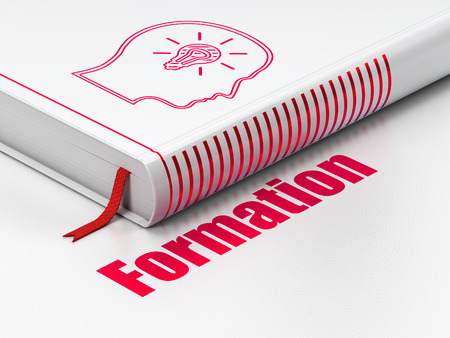 Education concept: closed book with Red Head With Lightbulb icon and text Formation on floor, white background, 3d renderの写真素材