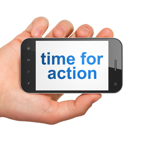 Timeline concept: hand holding smartphone with word Time for Action on display. Mobile smart phone on White background, 3d renderの写真素材