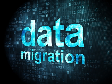 Information concept: pixelated words Data Migration on digital background, 3d renderの写真素材