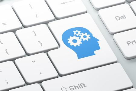 Education concept: Enter button with Head With Gears on computer keyboard background, 3d renderの写真素材