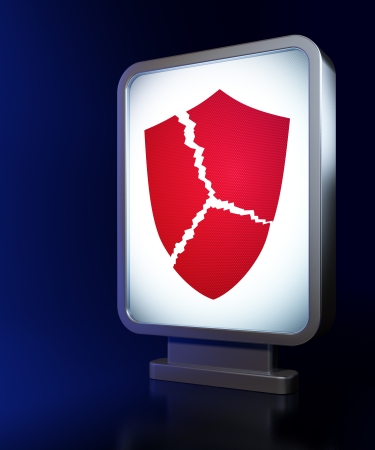 Protection concept: Broken Shield on advertising billboard , 3d renderの写真素材