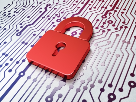 Protection concept:  Closed Padlock on Circuit Board background, 3d renderの写真素材