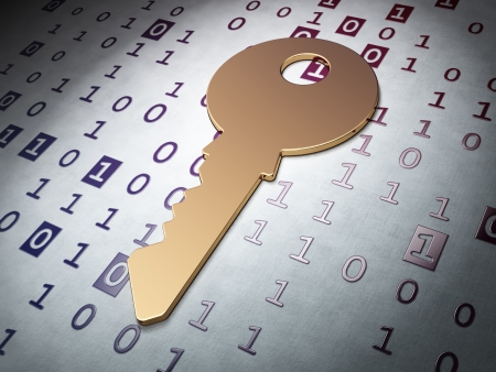 Safety concept: Golden Key on Binary Code background, 3d renderの写真素材