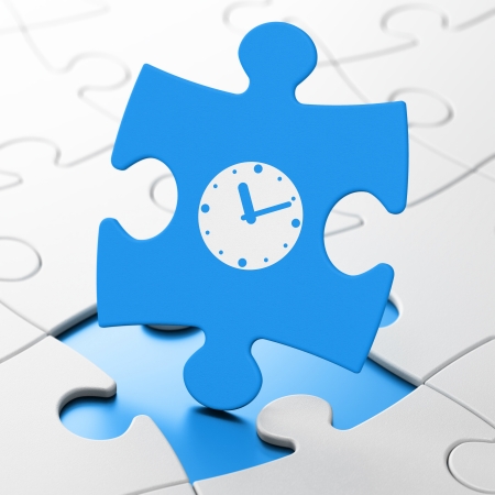 Timeline concept: Clock on Blue puzzle pieces background, 3d renderの写真素材