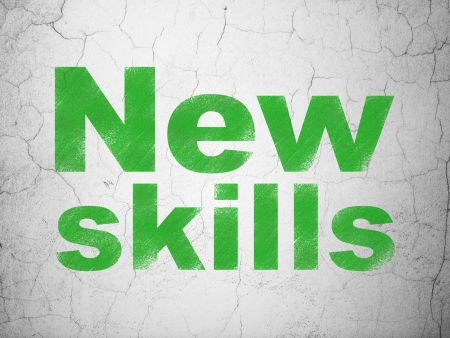 Education concept: Green New Skills on textured concrete wall background, 3d renderの写真素材