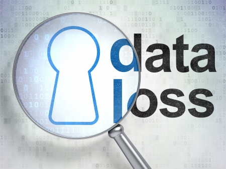Data concept: magnifying optical glass with Keyhole icon and Data Loss word on digital background, 3d renderの写真素材