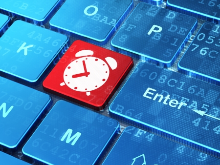 Timeline concept: computer keyboard with Alarm Clock icon on enter button background, 3d renderの写真素材