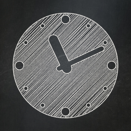 Time concept: Clock icon on Black chalkboard , 3d renderの写真素材