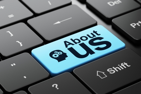 Advertising concept: computer keyboard with Head With Gears icon and word About Us, selected focus on enter button, 3d renderの写真素材