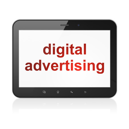 Advertising concept: black tablet pc computer with text Digital Advertising on display. Modern portable touch pad on White background, 3d renderの写真素材
