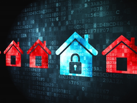 Privacy concept: pixelated Home icon on digital background, 3d renderの写真素材