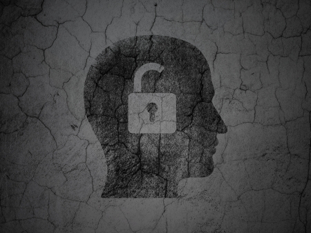 Finance concept: Black Head With Padlock on grunge textured concrete wall background, 3d renderの写真素材