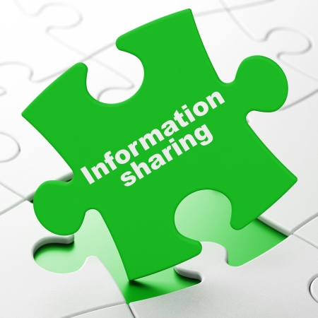 Information concept: Information Sharing on Green puzzle pieces background, 3d renderの写真素材