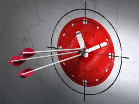 Success timeline concept: arrows hitting the center of Red Clock target on wall background, 3d renderの写真素材