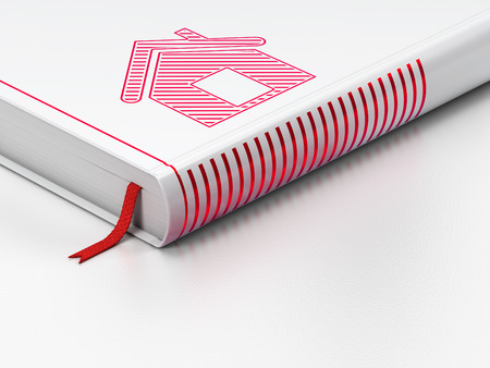 Protection concept: closed book with Red Home icon on floor, white background, 3d renderの写真素材