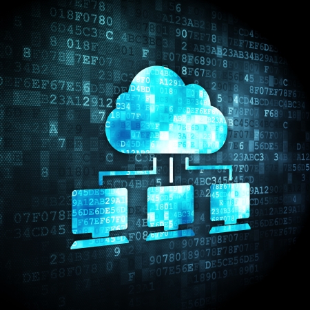 Cloud computing concept: pixelated Cloud Network icon on digital background, 3d renderの写真素材