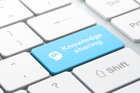 Education concept: computer keyboard with Head With Gears icon and word Knowledge Sharing, selected focus on enter button, 3d renderの写真素材