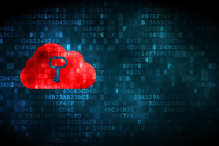 Cloud networking concept: pixelated Cloud With Key icon on digital background, empty copyspace for card, text, advertising, 3d renderの写真素材