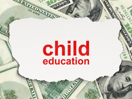 Education concept: torn newspaper with words Child Education on Money background, 3d renderの写真素材