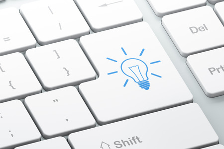 Business concept: Enter button with Light Bulb on computer keyboard background, 3d renderの写真素材