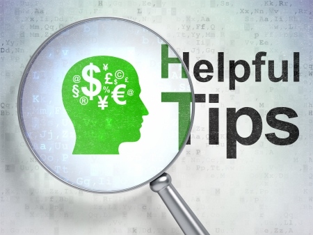 Education concept: magnifying optical glass with Head With Finance Symbol icon and Helpful Tips word on digital , 3d renderの写真素材