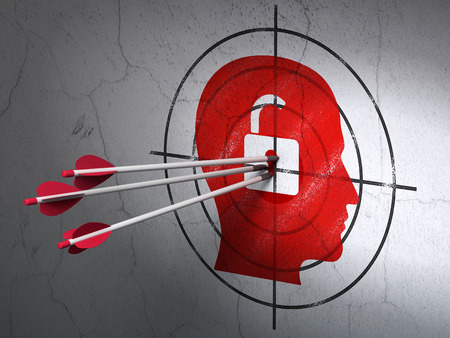 Success business concept: arrows hitting the center of Red Head With Padlock target on wall background, 3d renderの写真素材