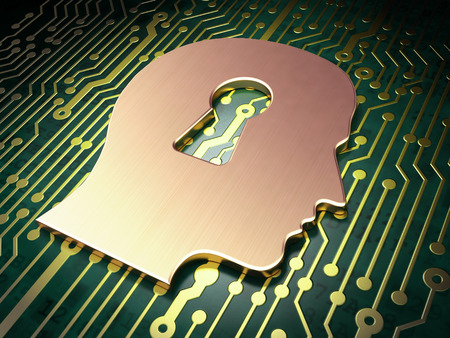 Information concept: circuit board with Head With Keyhole icon, 3d renderの写真素材