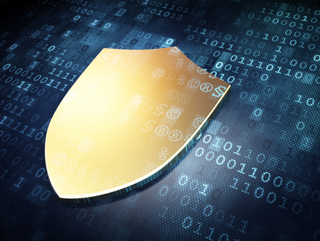 Protection concept: Golden Shield on digital background, 3d renderの写真素材