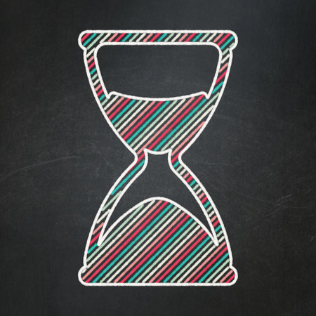 Timeline concept: Hourglass icon on Black chalkboard background, 3d renderの写真素材