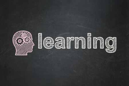 Education concept: Head With Gears icon and text Learning on Black chalkboard background, 3d renderの写真素材
