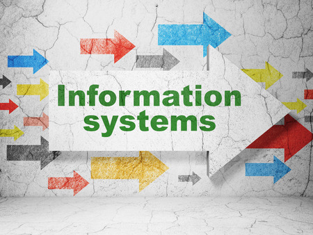 Data concept:  arrow with Information Systems on grunge textured concrete wall background, 3d renderの写真素材