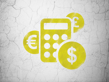 Finance concept: Yellow Calculator on textured concrete wall background, 3d renderの写真素材