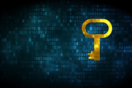 Safety concept: pixelated Key icon on digital background, empty copyspace for card, text, advertising, 3d renderの写真素材