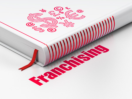 Finance concept: closed book with Red Finance Symbol icon and text Franchising on floor, white background, 3d renderの写真素材
