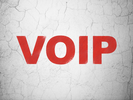 Web development concept: Red VOIP on textured concrete wall background, 3d renderの写真素材