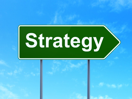 Finance concept: Strategy on green road (highway) sign, clear blue sky background, 3d renderの写真素材