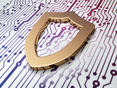 Safety concept: Golden Contoured Shield on Circuit Board background, 3d renderの写真素材