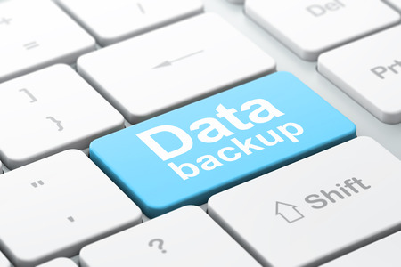 Information concept: computer keyboard with word Data Backup, selected focus on enter button background, 3d renderの写真素材