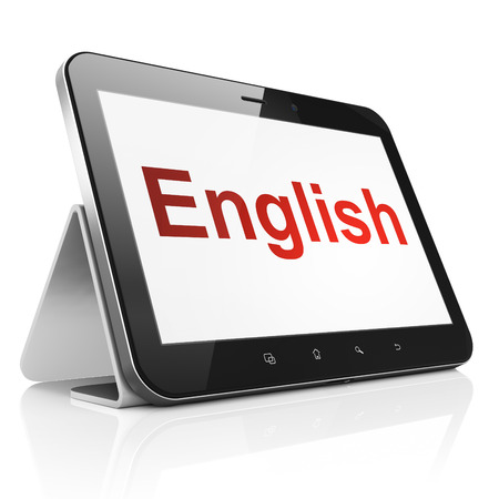 Education concept: black tablet pc computer with text English on display. Modern portable touch pad on White background, 3d renderの写真素材