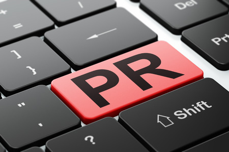Advertising concept: computer keyboard with word PR, selected focus on enter button background, 3d renderの写真素材
