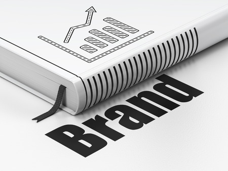 Marketing concept: closed book with Black Growth Graph icon and text Brand on floor, white background, 3d renderの写真素材