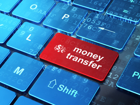 Business concept: computer keyboard with Finance Symbol icon and word Money Transfer on enter button background, 3d renderの写真素材