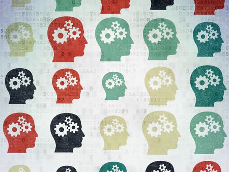 Information concept: Painted multicolor Head With Gears icons on Digital Paper background, 3d renderの写真素材