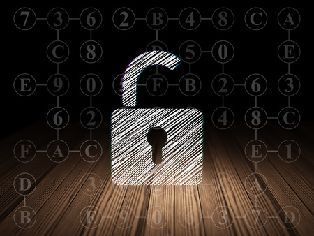 Privacy concept: Glowing Opened Padlock icon in grunge dark room with Wooden Floor, black background with Scheme Of Hexadecimal Code, 3d renderの写真素材